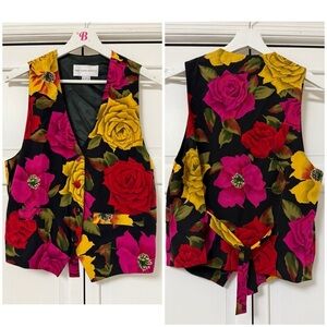 Vintage Saks Fifth Avenue 100% Pure Silk Vibrant Floral Button Down Vest Small